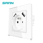Стандартная розетка SRAN FR, розетка с Usb-портом для зарядки, а, 16 А, настенная розетка с белой прозрачной стеклянной панелью, Европейская новая стандартная розетка
