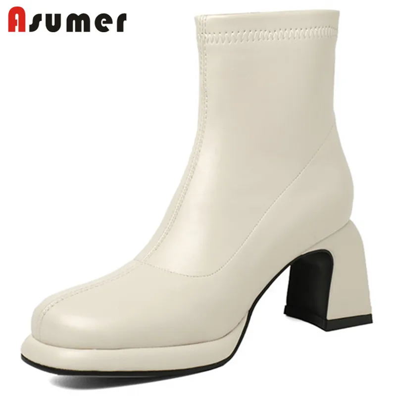 

Женские ботинки стрейч Asumer, черные ботильоны на высоком каблуке, с круглым носком, на молнии, для осени и зимы, 2021