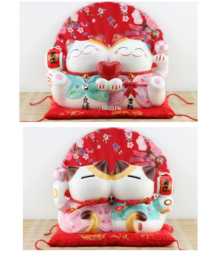 9 дюймов Свадебные Maneki Neko орнамент керамическая пара Lucky Cat подарок для украшения дома фэн шуй Копилка статуя