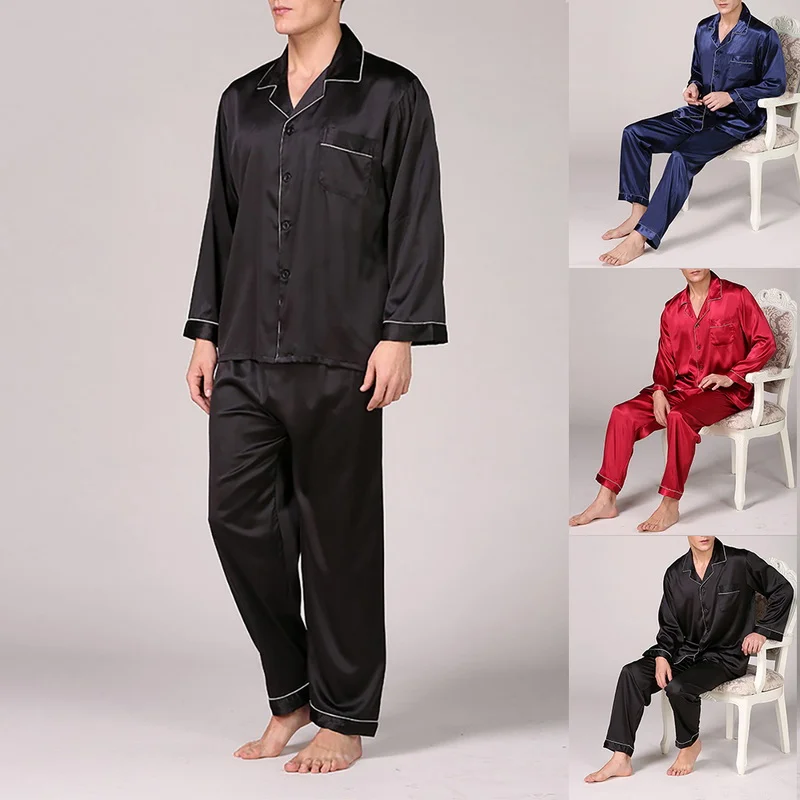 

Men's Spring And Summer Imitation Silk Pure Color Pajamas Autumn Men's Long-sleeved Silk Pajamas Home Wear Large Size