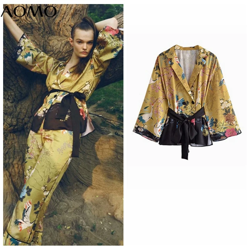 

AOMO Women Vintage Bird Floral Print Kimono Shirt With Slash Long Sleeve 2021 Chic Female Casual Loose Shirt 3H801A
