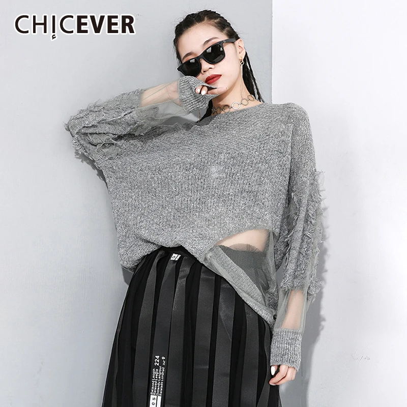 CHICEVER Лоскутная Сетка вязаный свитер для женщин О-образный вырез длинный рукав