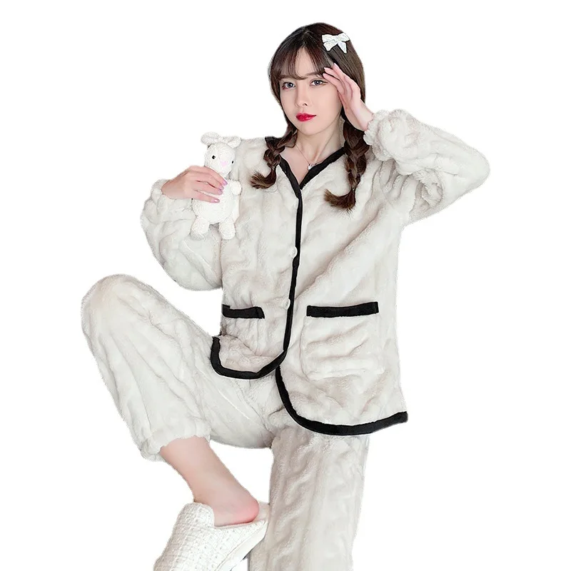 Winter Warm Long Sleeve Pajamas Trousers Suit Fashion Pyjama Set Large Size Nightwear Home Service