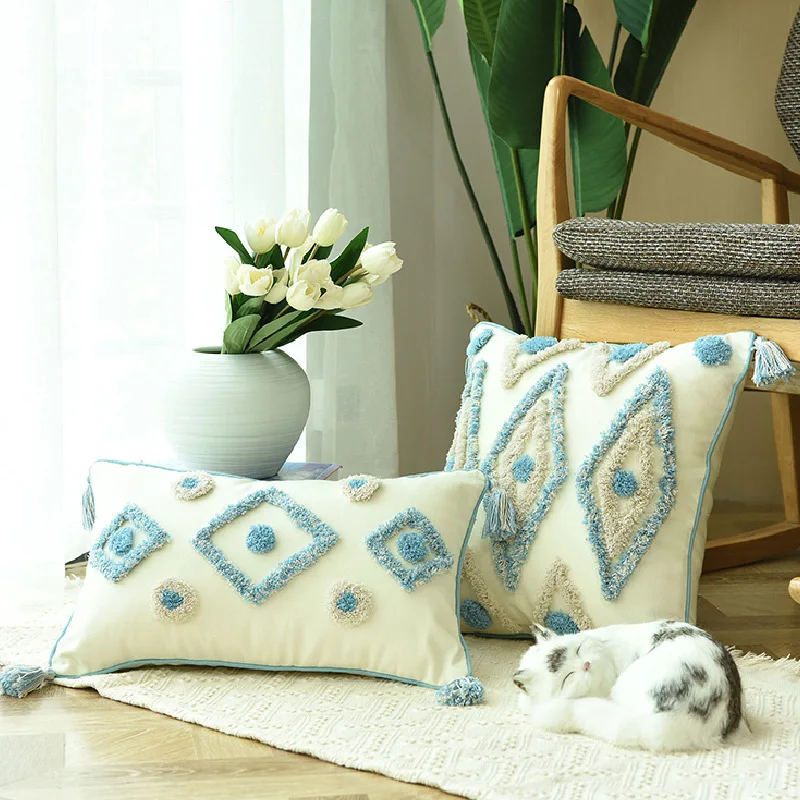 

Cotton Canvas Tufted Embroidery Throw Cushion Cover With Tassel Pillowcover Sofa Home Living Room Decoration Pillowcase 40730