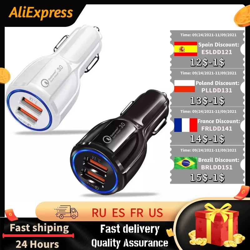 

5V 3.1A Car Charger 2 Ports Fast Charger Cigarette Lighter Socket Adapter For Samsung Huawei iphone 13 12 Plus Car Accessories