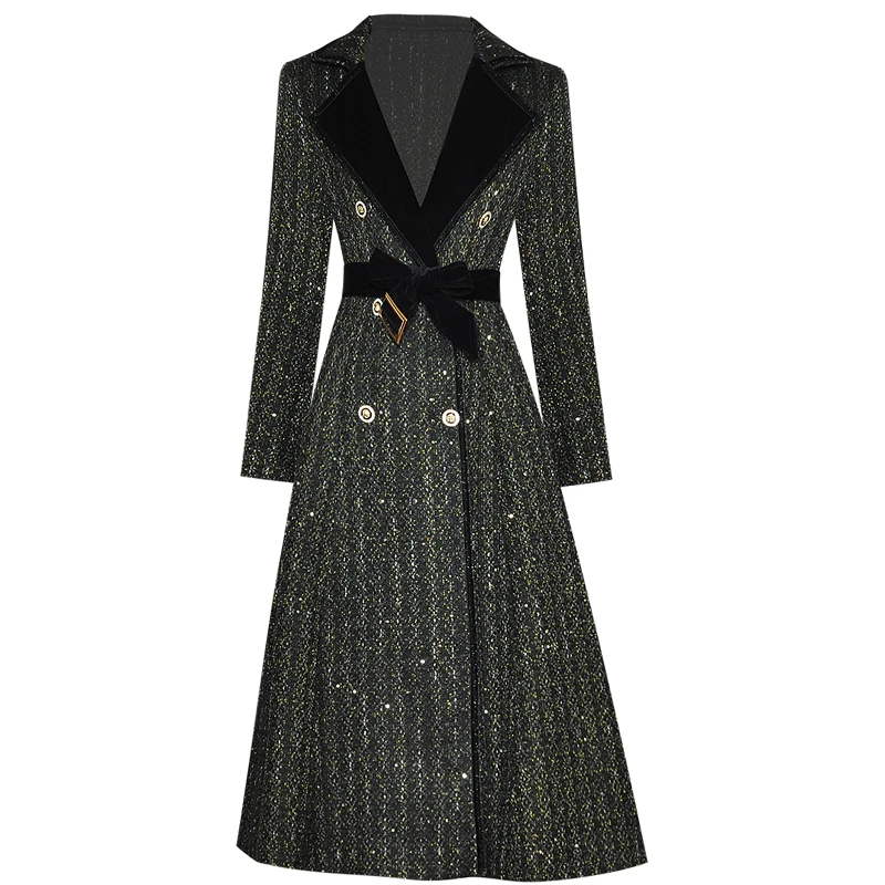 

Trench Coat Runway Fashion Autumn Winter New Vintage Elegant Chic Gorgeous Tweed High Quality Belt Slim Party Casual Long Jacket