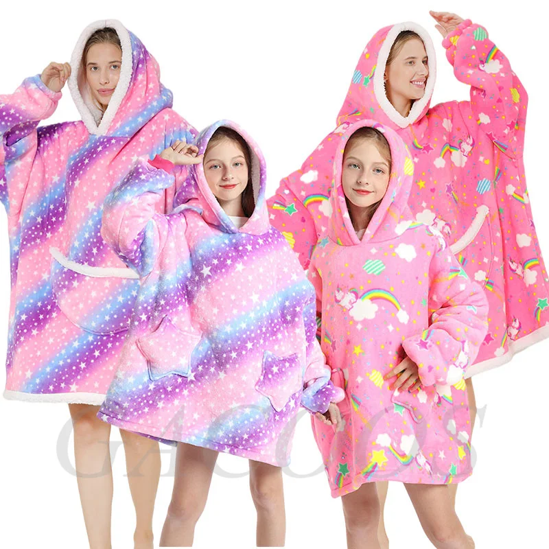 Unicorn Oversized Hoodie Kigurumi Blanket Sweatshirt For Girls Boys Winter Fleece Thick Warm Anime Hoodie Women Kids Hoodies