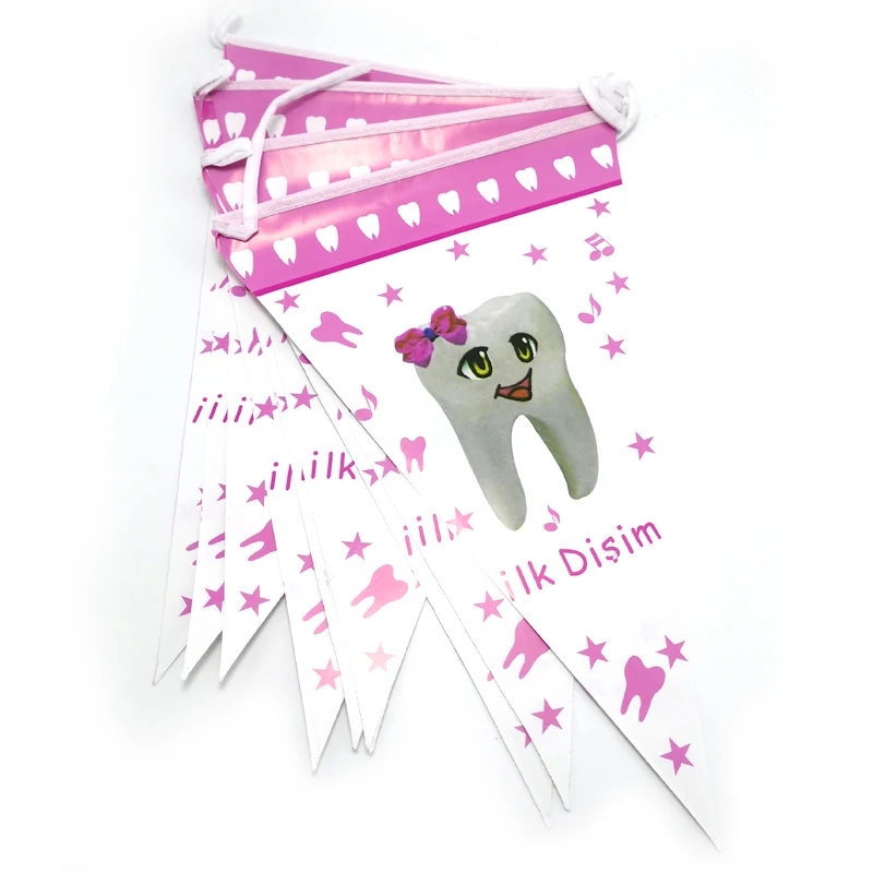 1set/pack Blue Pink First Tooth Hanging Banner Bunting Decorate Baby Teeth Party Paper Flags Boys Girls Kids Favors Pennants | Дом и сад