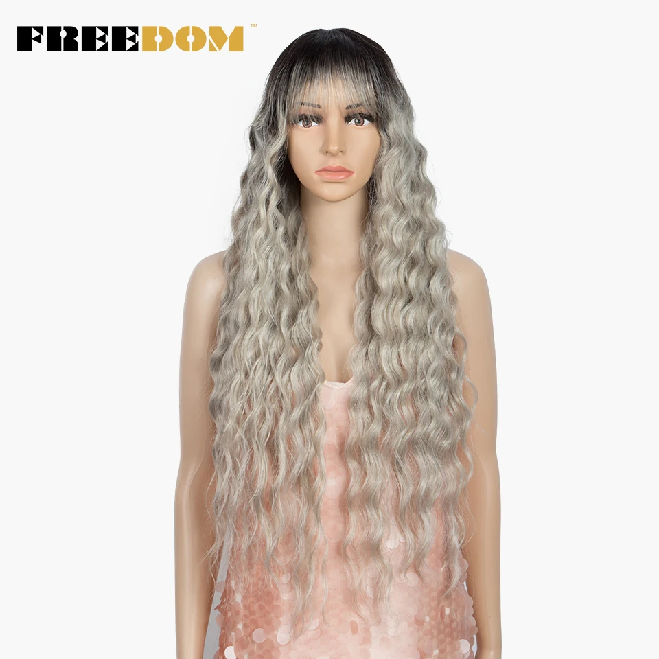 FREEDOM Synthetic Wig With Bangs 30 inch Long Deep Wave Ombre Synthetic Wigs For Black Women Heat Resistant Fiber Cosplay Wigs