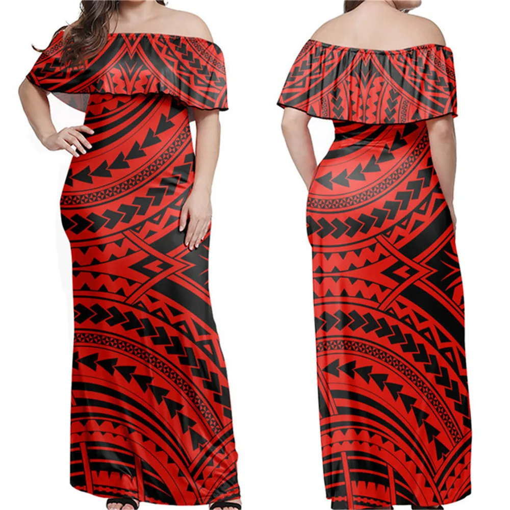 

Jackherelook красный полинезийская Трайбл тату дизайн с открытыми плечами длинное платье Лето Винтаж многослойными оборками платья Vestidos Mujer