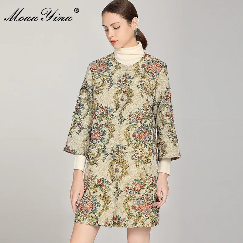 

MoaaYina 2021 Fashion Runway Designer Autumn Winter Coat Women's 3/4 sleeve Luxury Crystal Beading Vintage Outwear Overcoat