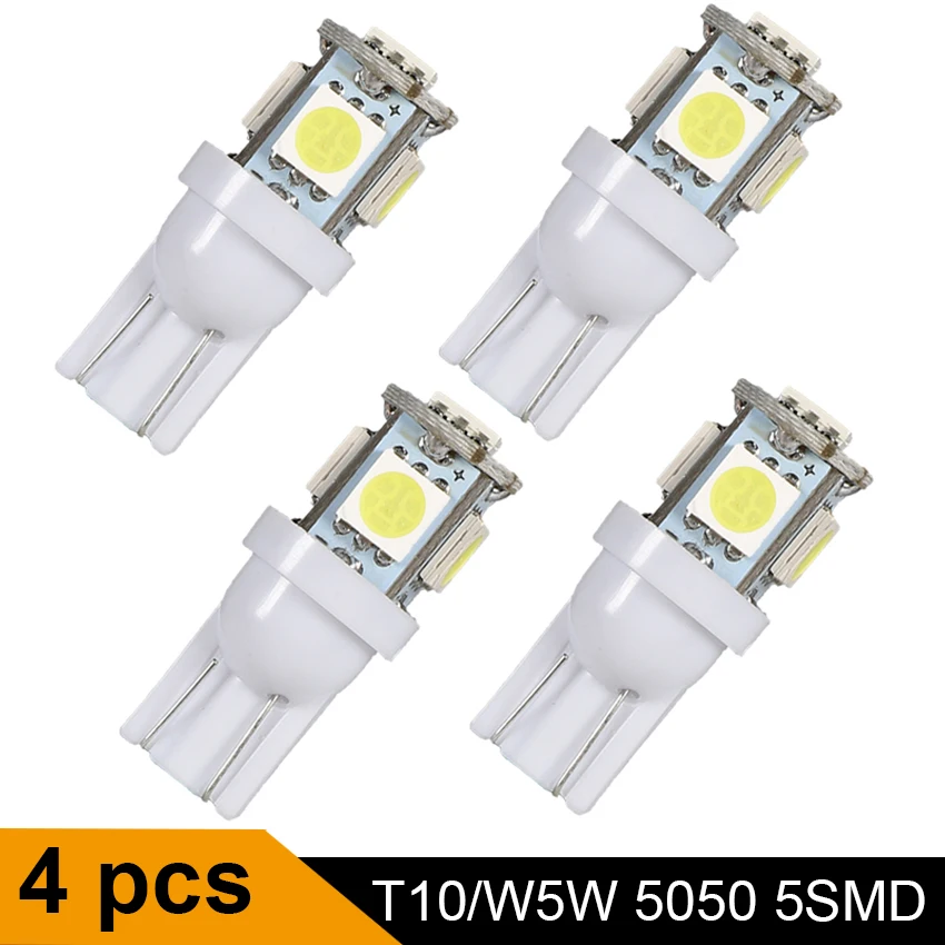4Pcs Car LED T10 W5W 5050 5SMD Interior Lighting Day Light 168 194 192 DC 12V License Plate Bulbs Clearance Lights Dome Light