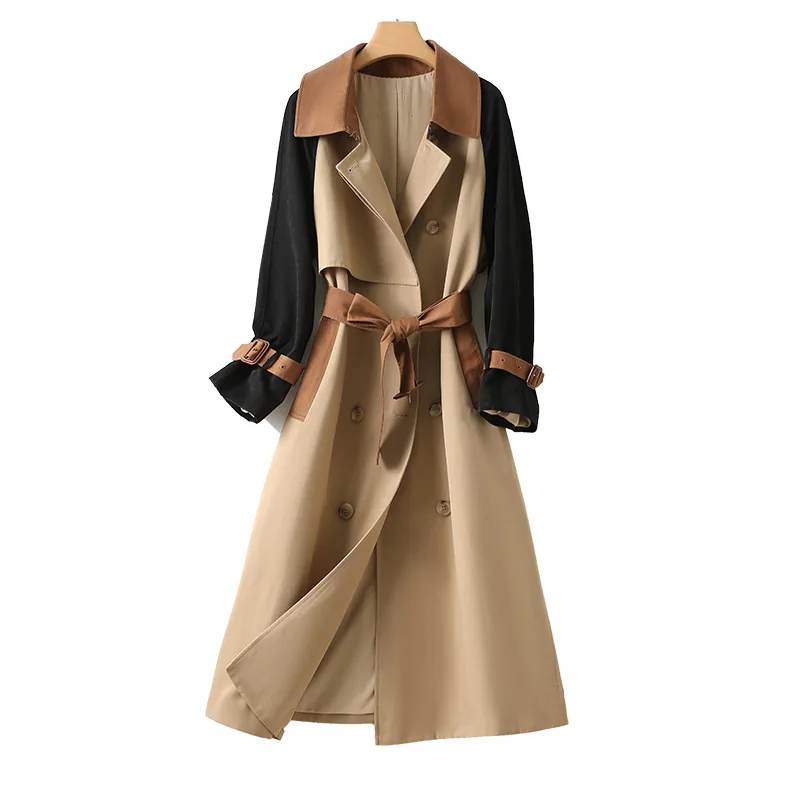 

South Korean Style Winter Women Trench Coat Fashion Windbreaker Winter Clothes Luxury Splicing Long Coat Autumn New Khaki Jacket