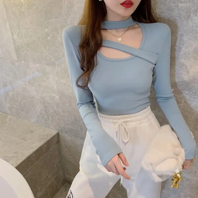 

Women's T Shirt Sexy Hollow Out O Neck Long Sleeves Slim Cotton Tops Wholesale Spring Autumn 2021 New Fashion Lady Clothing