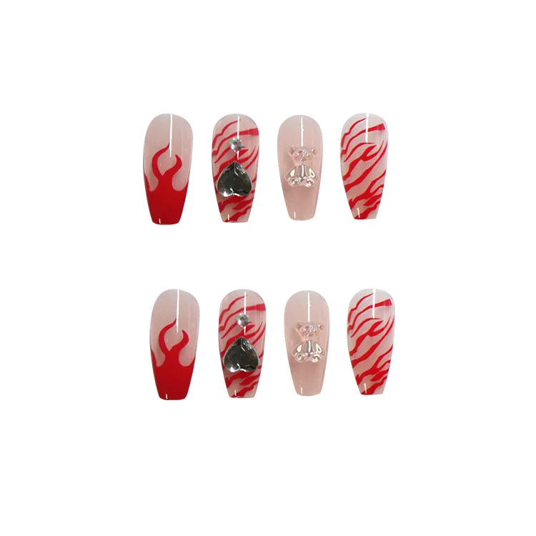 

24pcs Red Falme Wear Long Paragraph Fashion Manicure Patch False Nails Save Time Wearable Nail Patch CIN6 899
