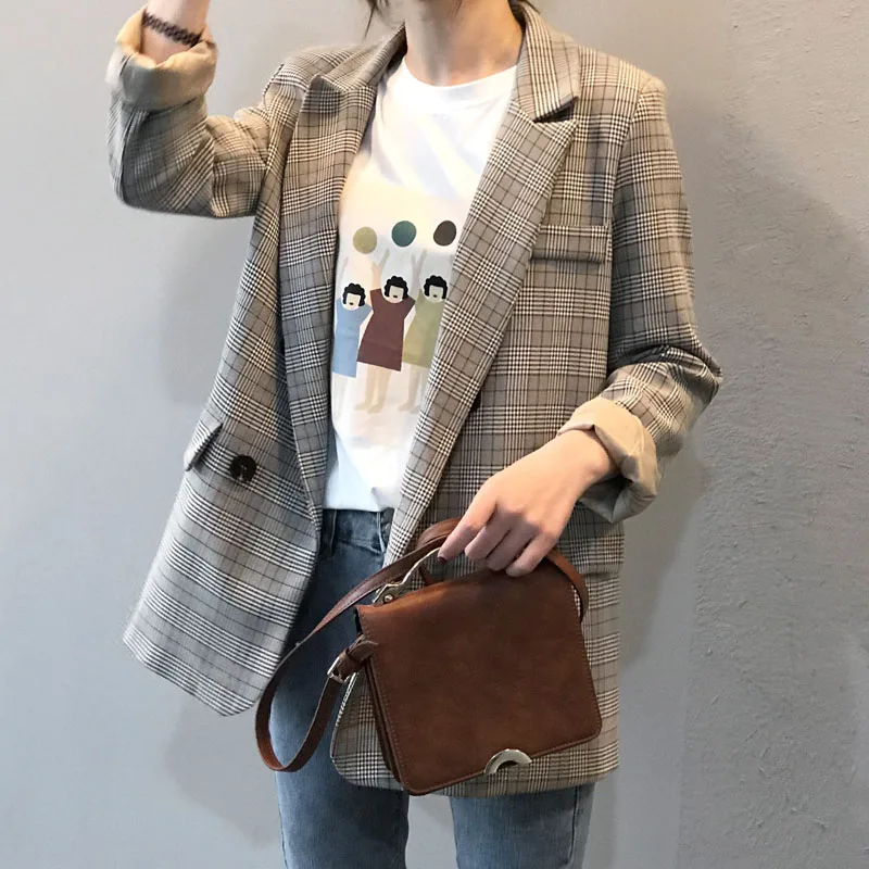 

Vintage blazer woman long sleeve Plaid tweed coats Female Retro Suits ladies Coats Feminino blazers Outerwear women clothes