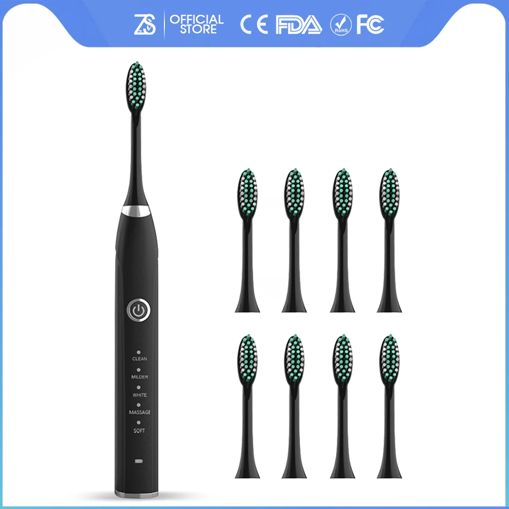

[ZS] Quiet 5 Modes for Adults Sonic Electric Toothbrush Rechargeable IPX7 Washable Soft Bristle Replacement 4 Brushes Heads