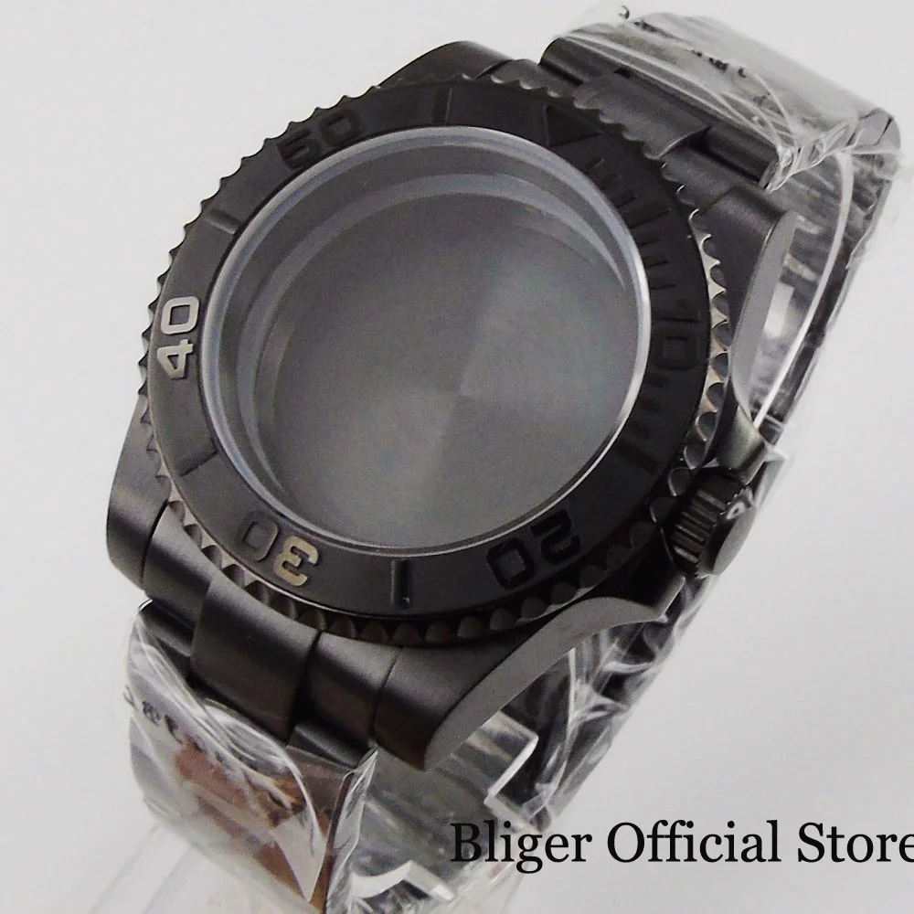 BLIGER Black PVD 40mm Watch Case for NH35A NH36A ETA 2836 2824 MIYOTA Oyster Band Sapphire Cystal Brushed insert Glass Back