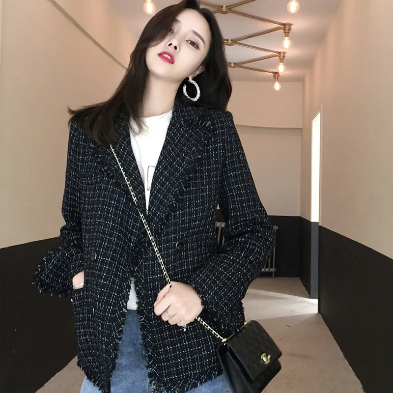 New Style Elegant Tassled Plaid Black Small Suit Jacket Women's Short Graceful Coat | Женская одежда