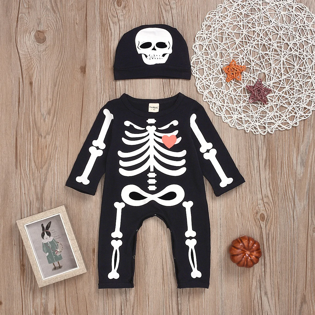 

2020 Foreign trade new baby men and women long-sleeved Halloween skeleton print jumpsuit and hat two-piece set
