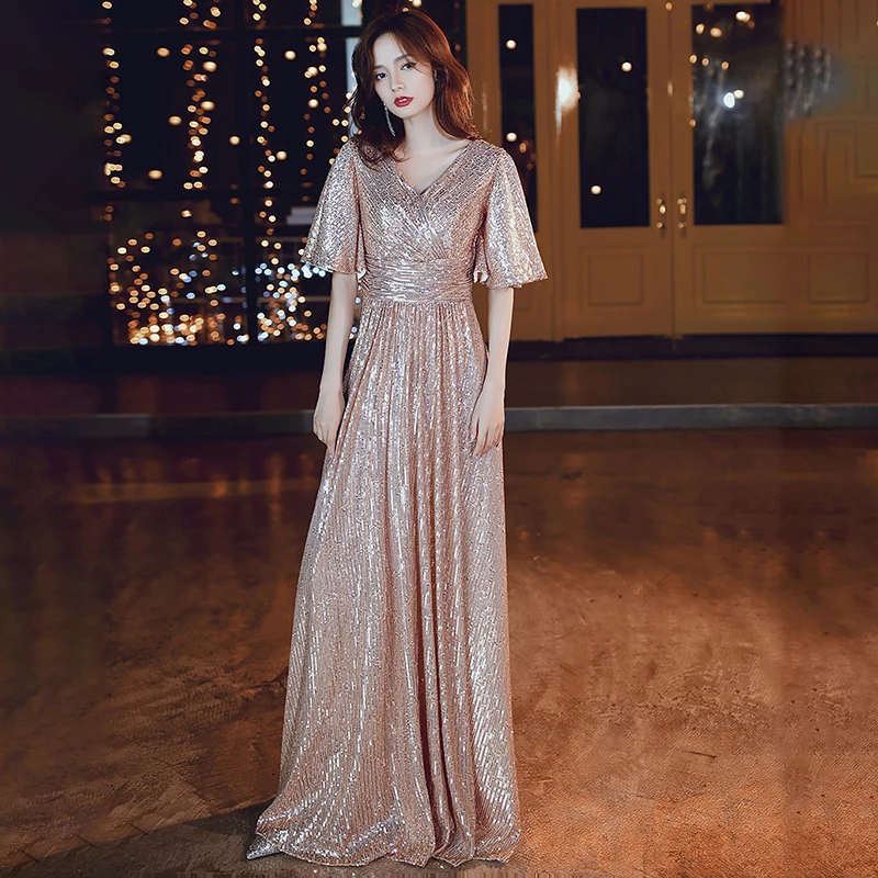 

Evening Dresses Sexy V-Neck Short Sleeves A-line Floor-length Simple Sequins Ruched Luxurious New Woman Formal Party Dress A391