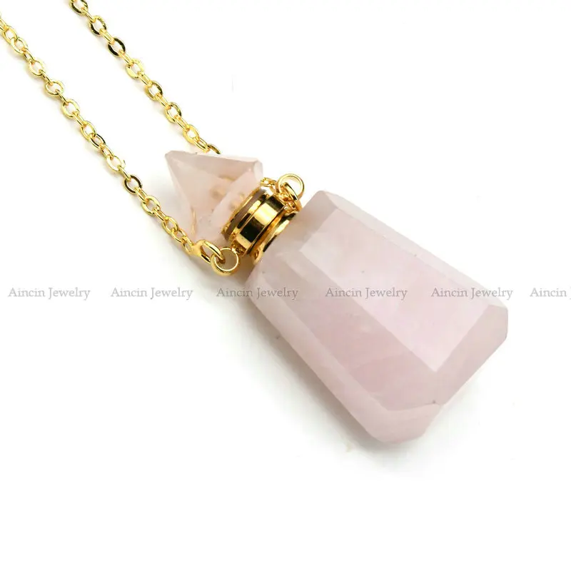 

Новые модные женские флаконы духов натуральный розовый кварц в форме трапеции кулон ожерелье Роскошные ювелирные изделия 5 шт./лот