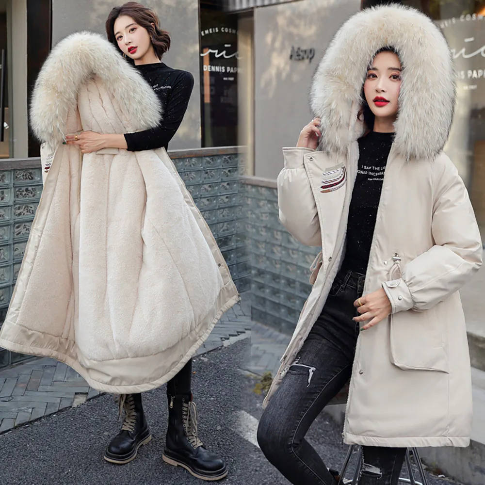 GRELLER Thick Warm Winter Coat Women Pocket Winter Jacket Fur Liner Hooded Female Long Parkas Snow Wear Cotton Padded Clothes