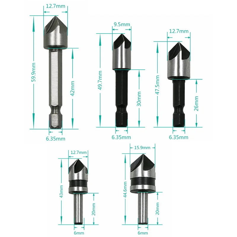 Промышленная Зенковка набор сверл 5 флейт счетчик Раковина биты для сверла
