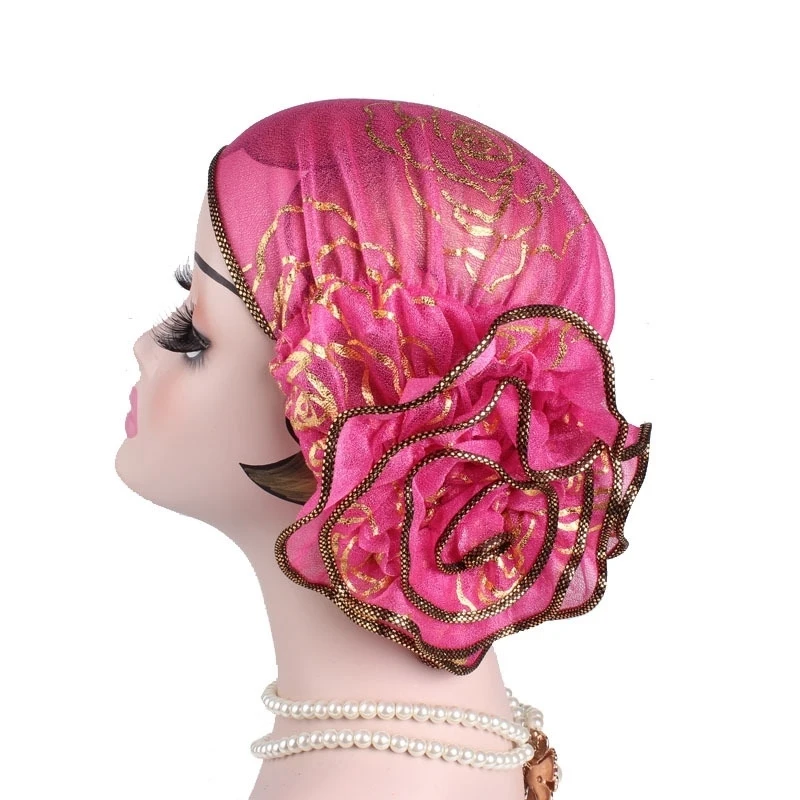 

European And American Popular Headdress Hat Muslim Headwrap Cap Beauty Gauze Hot Gold Plate Loss Hair Flower Ladies Turban For
