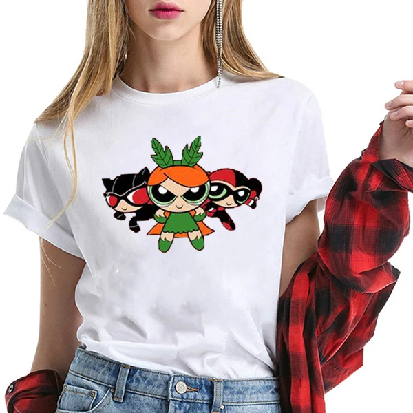 

WK Powerpuff Girls Summer Fashion Anime Cute Cartoon Pattern T-shirt Fun Casual White Short Sleeve Women's Street Kawaii