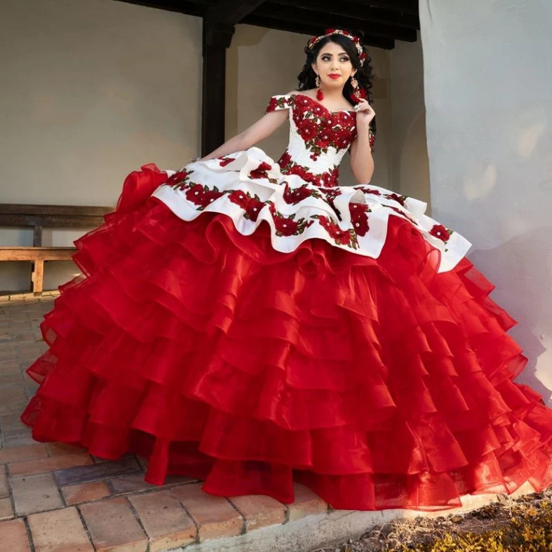 

White and Red Quinceanera Dresses With Tiered Skirt Embroidery Ball Gown Sweet 16 Dress vestidos de xv años