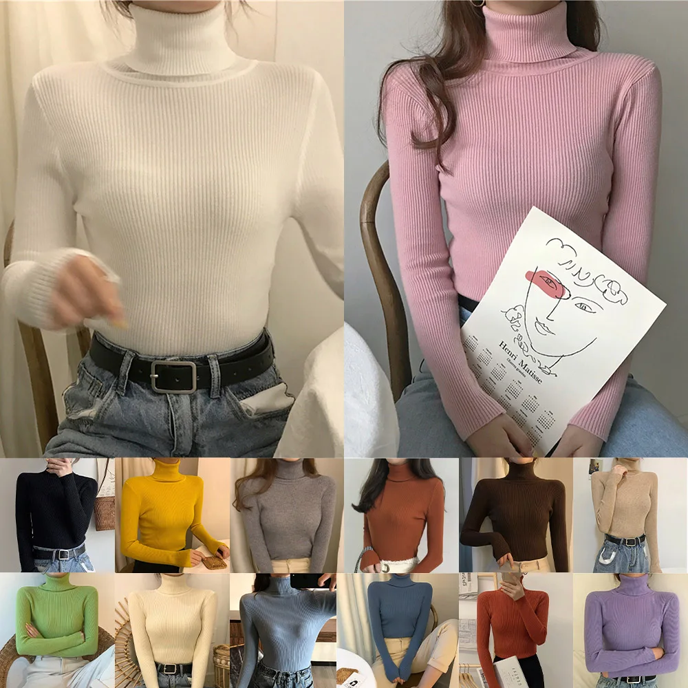 

Autumn Winter Women Knitted Sweater Ribbed Long Sleeve Turtleneck Slim Jumper Soft Warm Pullover Tops