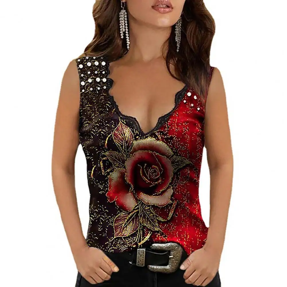 

Lace Stitching Women Slim Vest V Neck Sleeveless T-shirt Rose Flower Print Thin Lace Stitching Slim Women Vest Streetwear