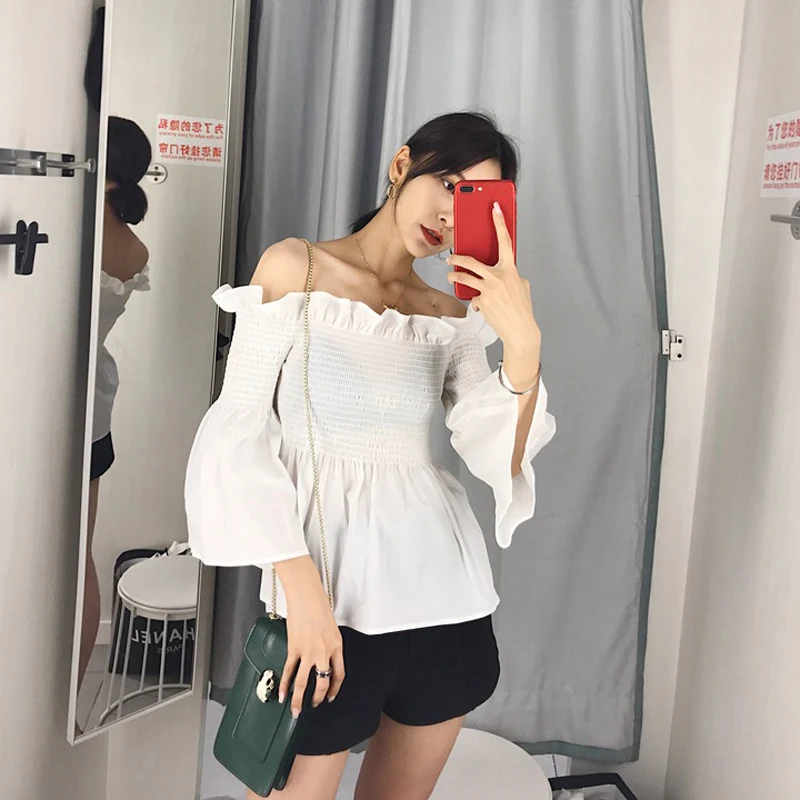 Летние Новые поступления женские блузы с расклешенными рукавами корейская мода