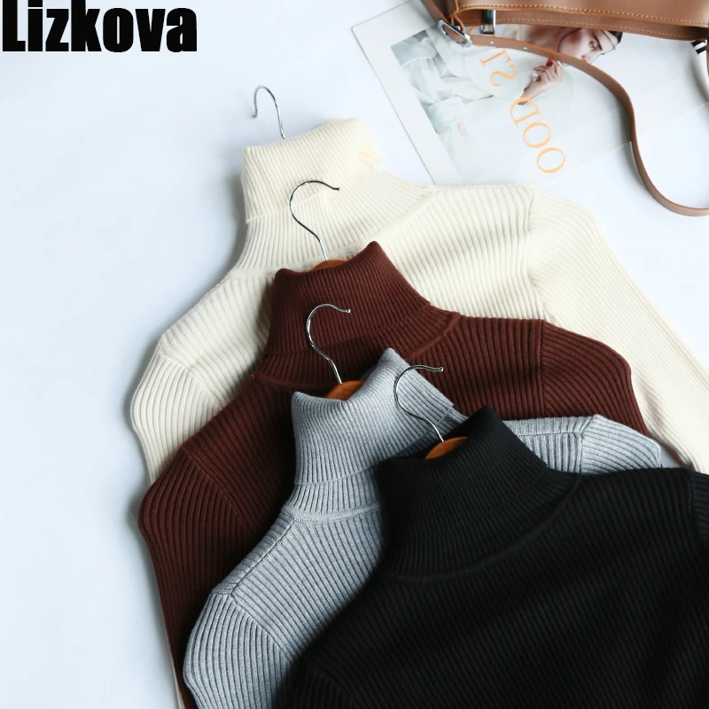 

Lizkova Black Rib Knit Top Women Long Sleeve Turtleneck Sweater Winter 2020 Casual Ladies Pullover Tops