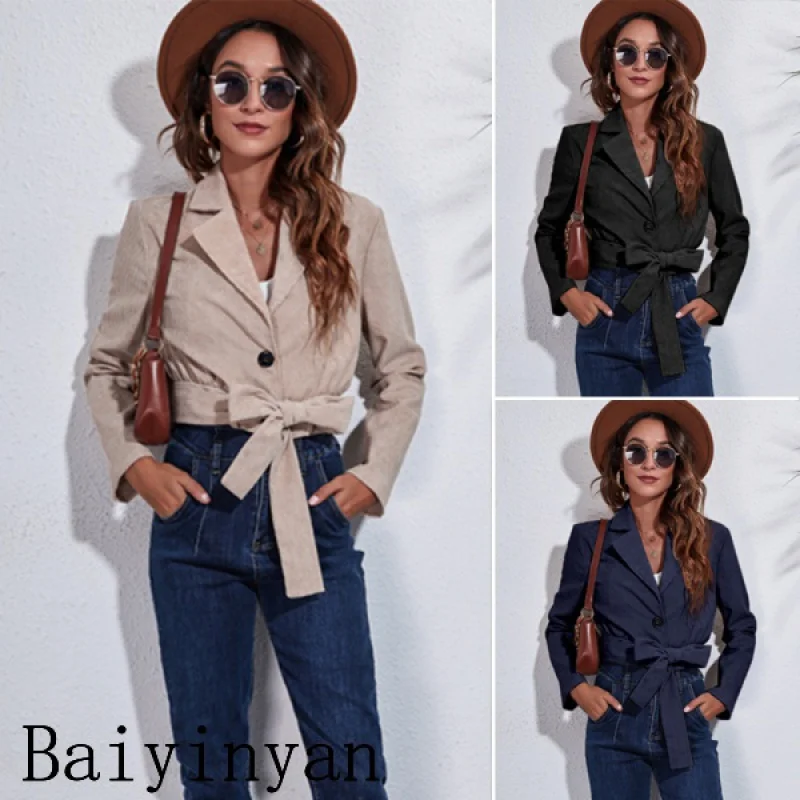 

Baiyinyan Autumn and Winter New Belted Suit Collar Corduroy Jacket Autumn and Winter Long Sleeve Short Coat