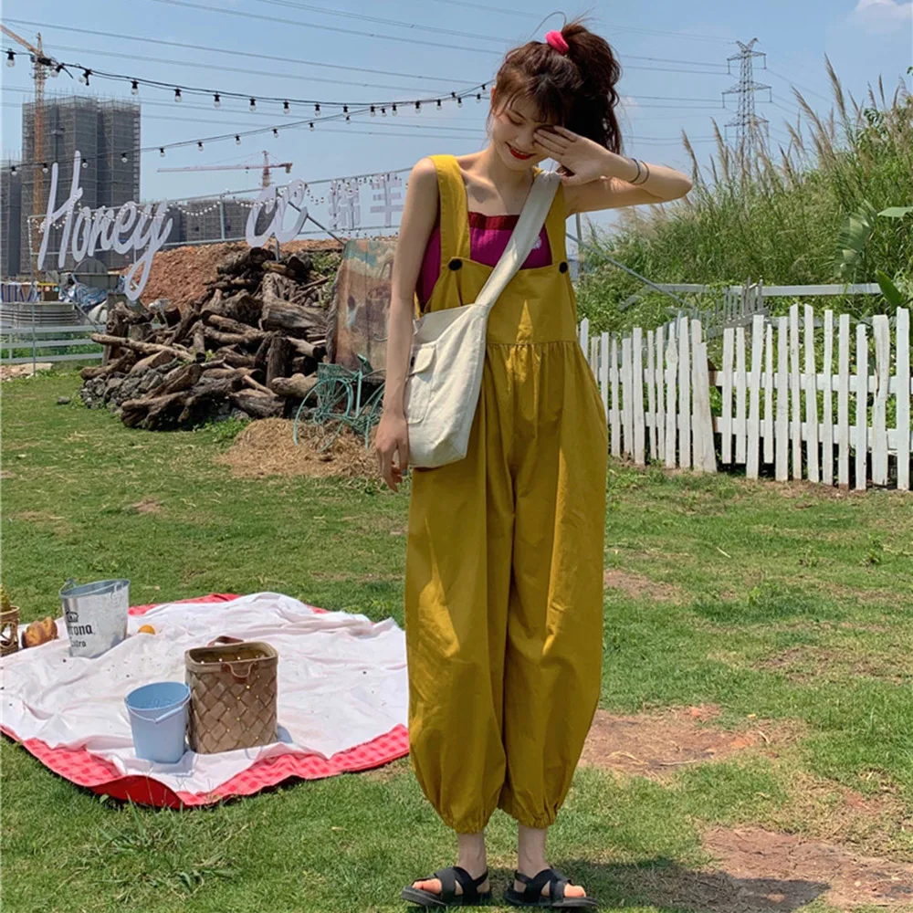 

Japan Style Jumpsuit Korean Fashion Bloomers Loose Casual Tie Feet Simple Designer Solid Color High Waist Spring Summer 2021