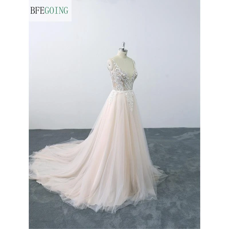 Ivory Lace Appliques Champagne Satin V-Neck Sleeveless Floor-Length A-Line Wedding Dress Chapel Train Custom Made | Свадьбы и