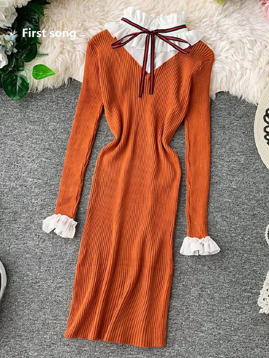

Women's belt round neck knit sweater dress New2019 autumn lotus leaf sleeve sexy stitching bow Bodycon women's long dress XL