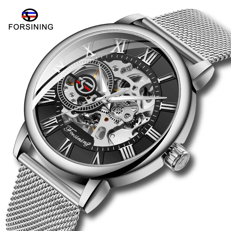 Мода FORSINING серебристый Тонкий чехол унисекс дизайн мужские механические часы с