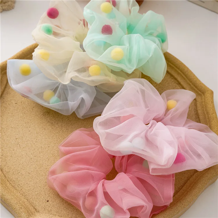 

New Fashion Transparent Mesh Yarn Grid Colored Hair Balls Sweet Small Fresh Women Elastic Hair Bands Hair Accessoriesr Headwear