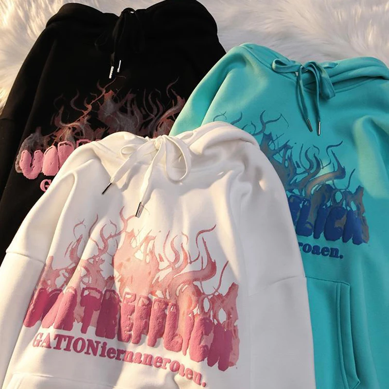 

Pullover Cartoon y2k flame letters graffiti print Harajuku Sweatshirt Hoodies Kawaii Clothes Oversized hoodie Long-sleeved Tops
