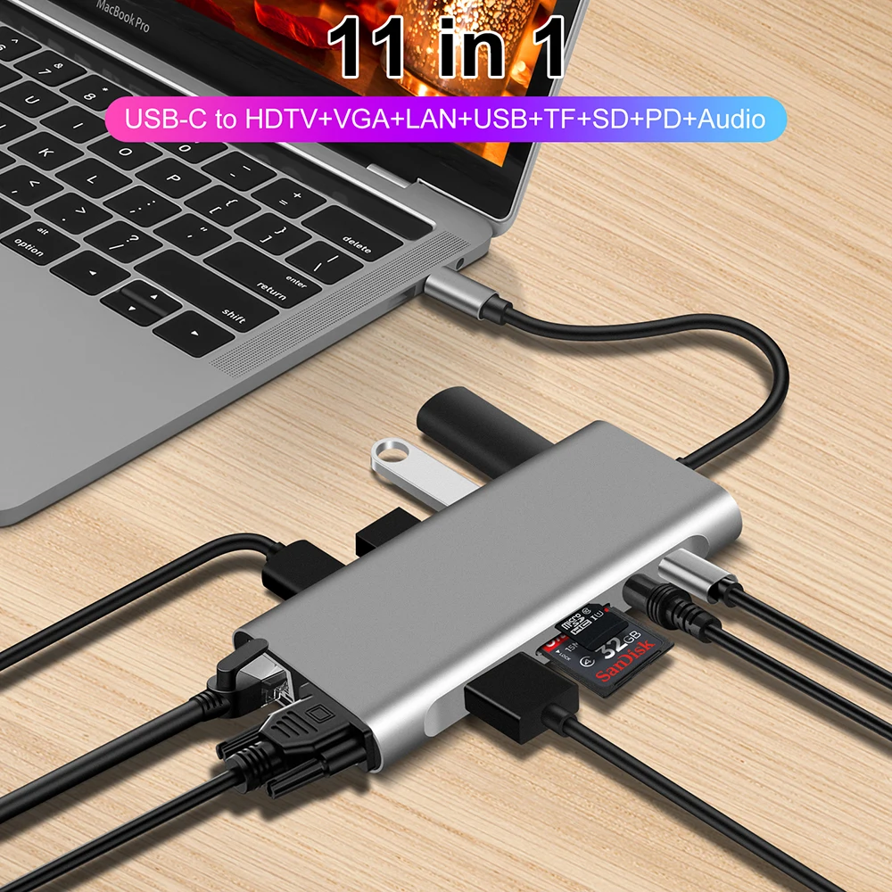 Тип USB C концентратор Type-C совместимому с HDMI 4K VGA RJ45 Lan Ethernet SD TF USB-C 3 0 5 мм Джек аудио