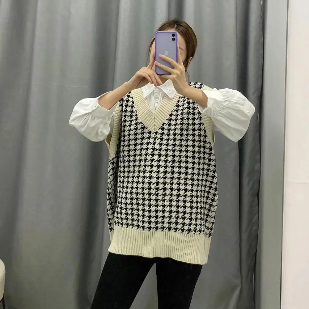flocking england vintage plaid houndstooth sleeveless v-neck loose vest sweaters women pull femme pullovers tops | Женская одежда