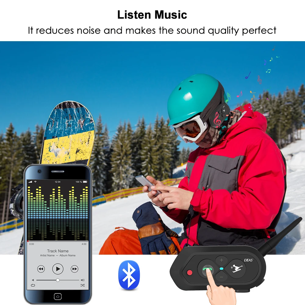 SKI intercom For 2 Skier 1200m Wireless Intercomunicador Moto Waterproof Realtime Talking BT Interphone 500mAh Audio Intercom