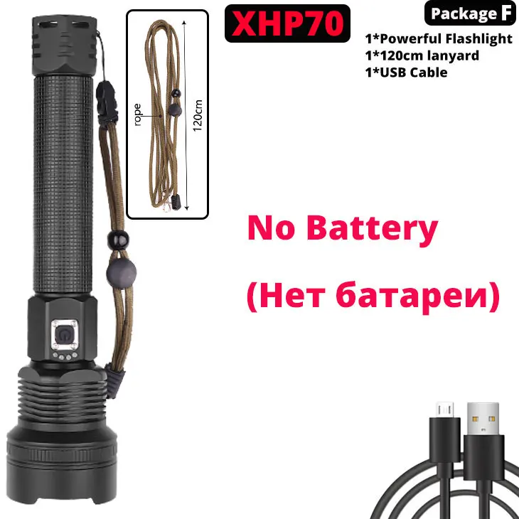 Package F-XHP70 XHP70.2 XHP90 USB Перезаряжаемый светодиодный светильник-вспышка XHP70 мощный фонарь супер водонепроницаемый охотничий светильник с зумом 18650 или 26650 Battey - Испускаемый цвет: Package F-XHP70