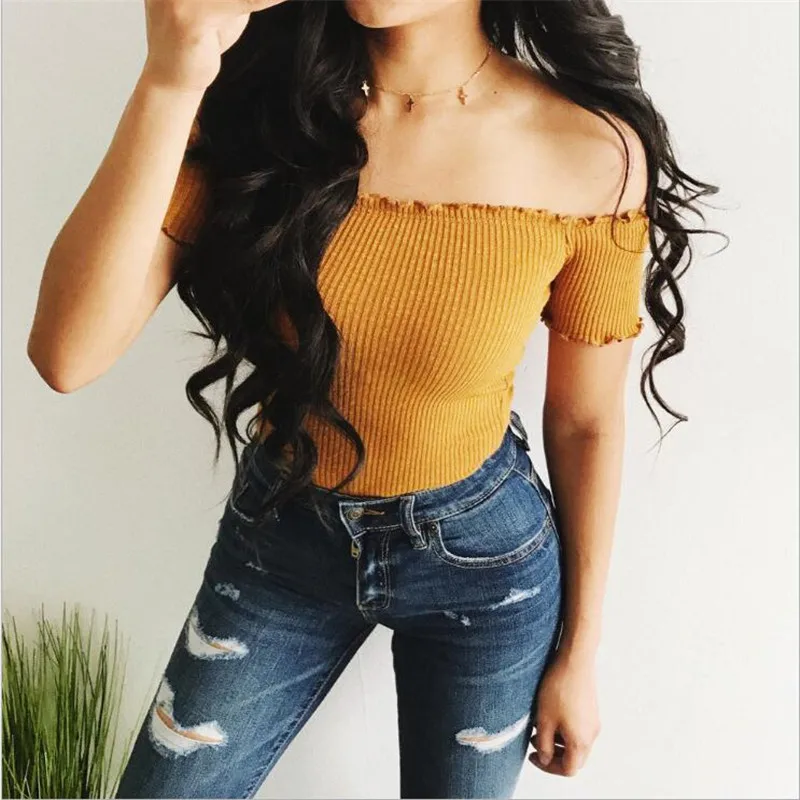 

Women T-Shirts Sexy And Club Fashion Female T-Shirt Short Sleeve Off Shoulder Solid Color Lady T Shirt Summer Basic Tees