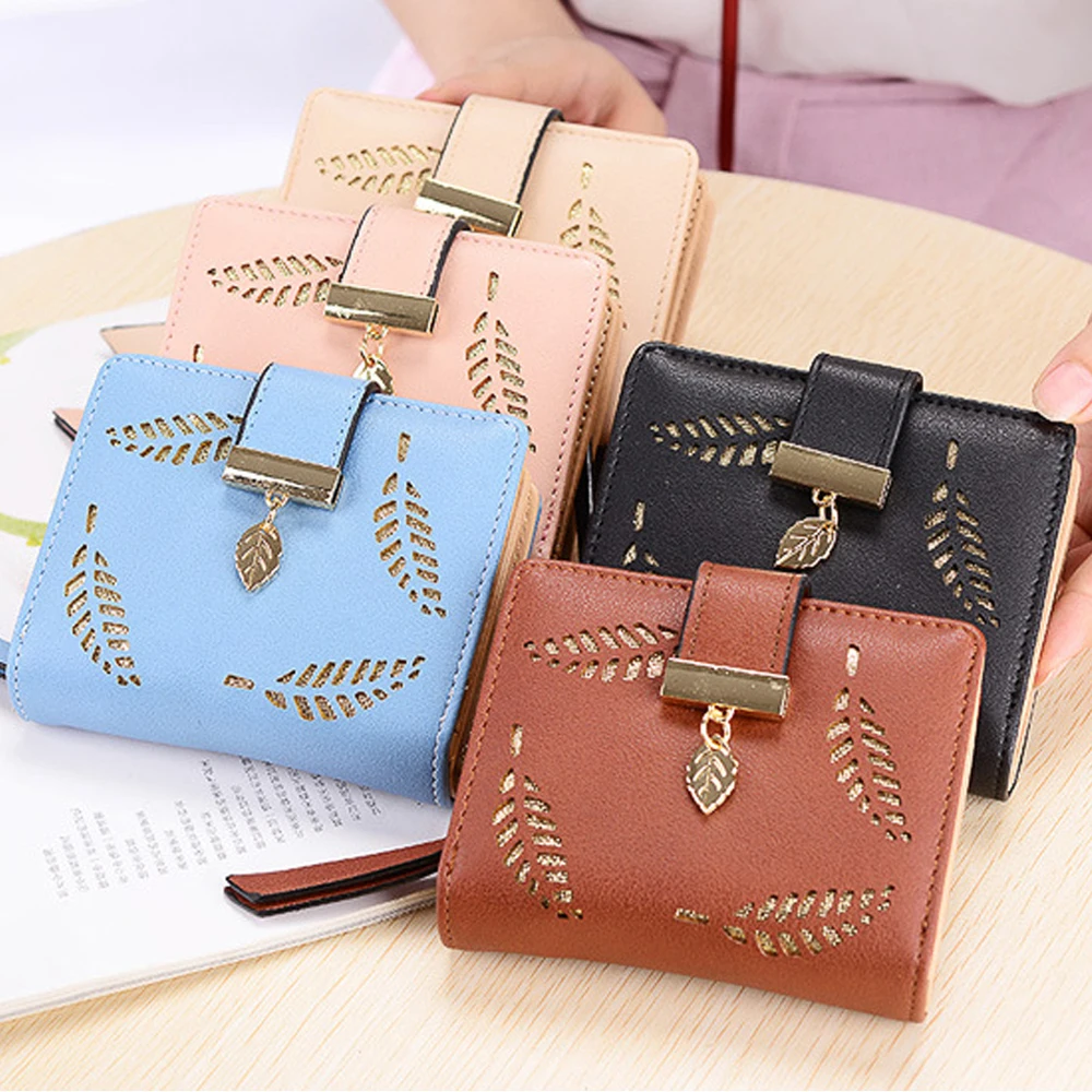 

New Women Wallets Short Wallet Ladies Zipper Buckle Hollow Leaf Purse Wallet Ptgirl carteira inteligente Women