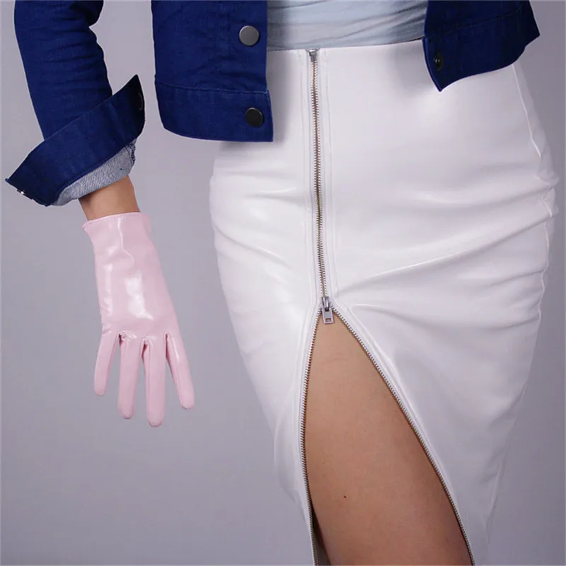 Leather Light Pink Новинка, 21 см, короткие перчатки с сенсорным экраном, искусственная кожа, лакированная кожа, темно-коричневые, кофейные, черные, белые женские перчатки из искусственной кожи, WPU98-21 - Цвет: Leather Light Pink