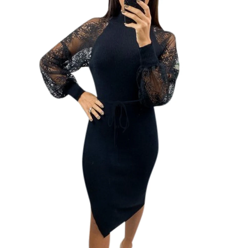 Женское платье однотонное до колена весна 2020 водолазка кружевное с